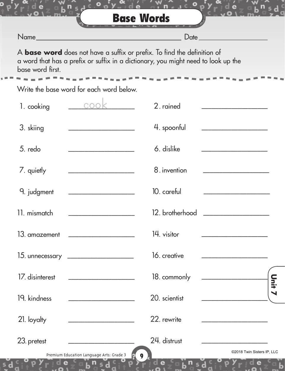 Base words worksheet asking students to identify base words in 24 items, with cooking becoming cook as an example