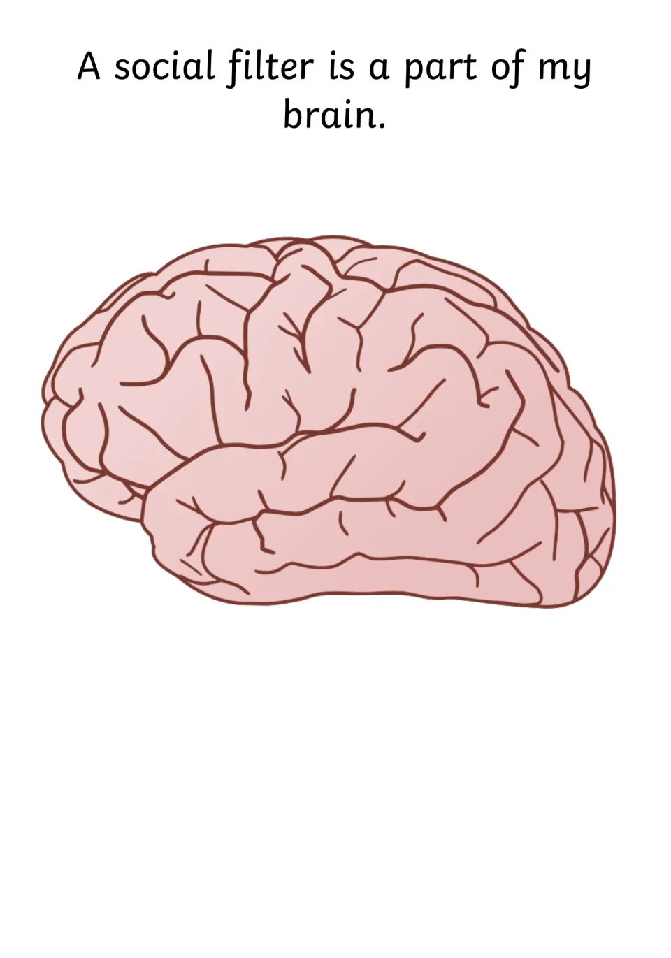 Social story page 2 introduces the social filter with the sentence 'A social filter is a part of my brain.'