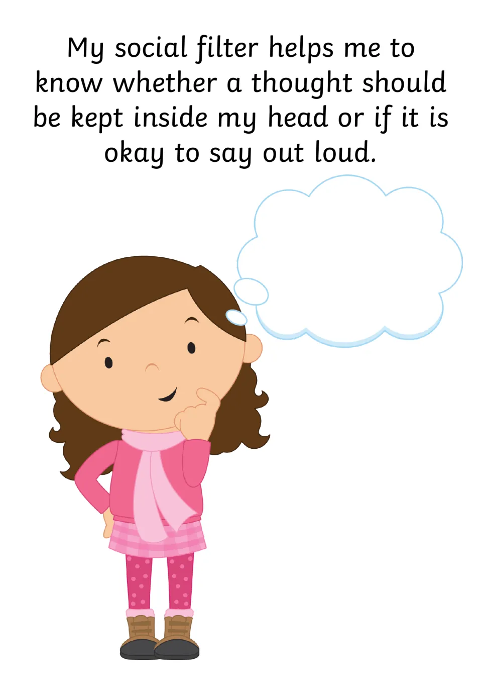 Social story page 3 explains how a social filter helps decide which thoughts to keep inside or say out loud