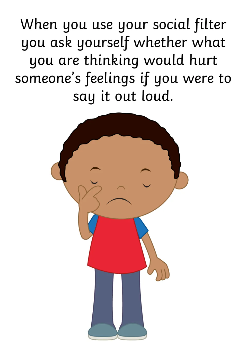 Social story page 5 asks whether saying a thought out loud would hurt someone else's feelings