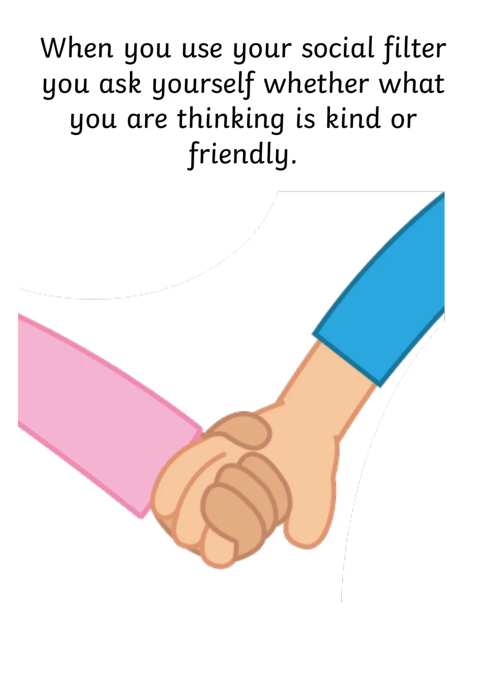 Social story page 6 explains using a social filter to ask whether what you are thinking is kind or friendly