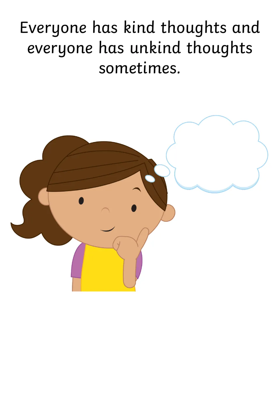 Social story page 8 explains that everyone has kind thoughts and everyone has unkind thoughts sometimes