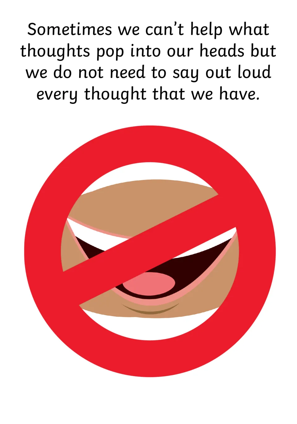 Social story page 10 explains that thoughts can pop into our heads without needing to be said out loud
