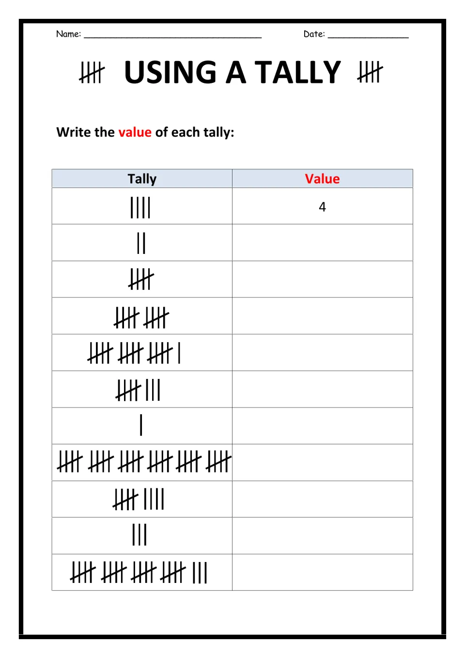 Reading tally marks: students write the value of 11 tallies, from a single mark up to six groups of five, first one done