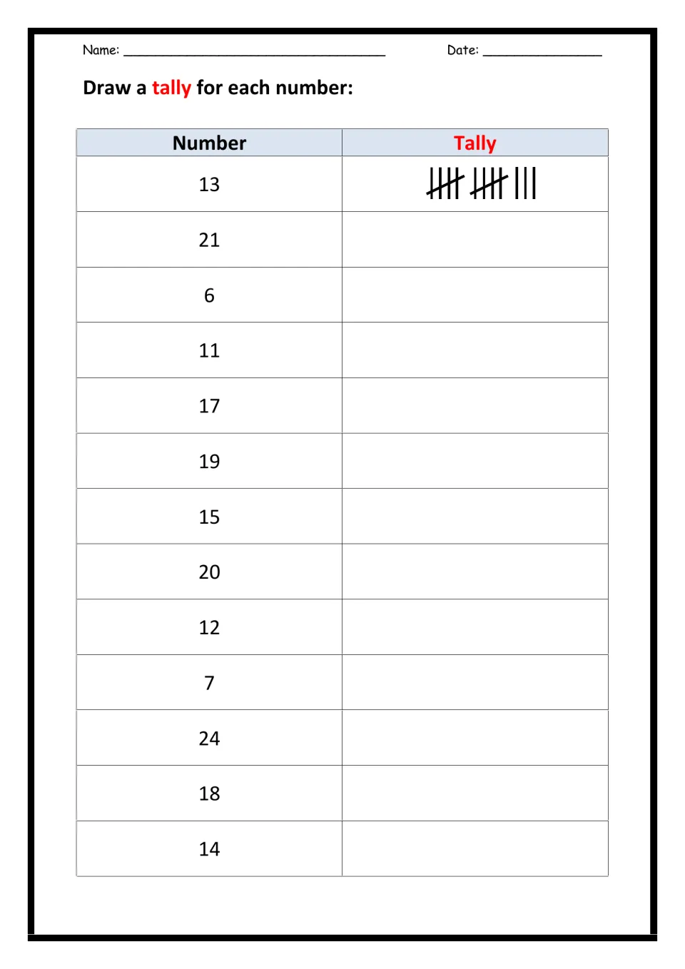 Drawing tally marks: students draw a tally for each of 13 numbers from 6 to 24, with 13 shown as a worked example