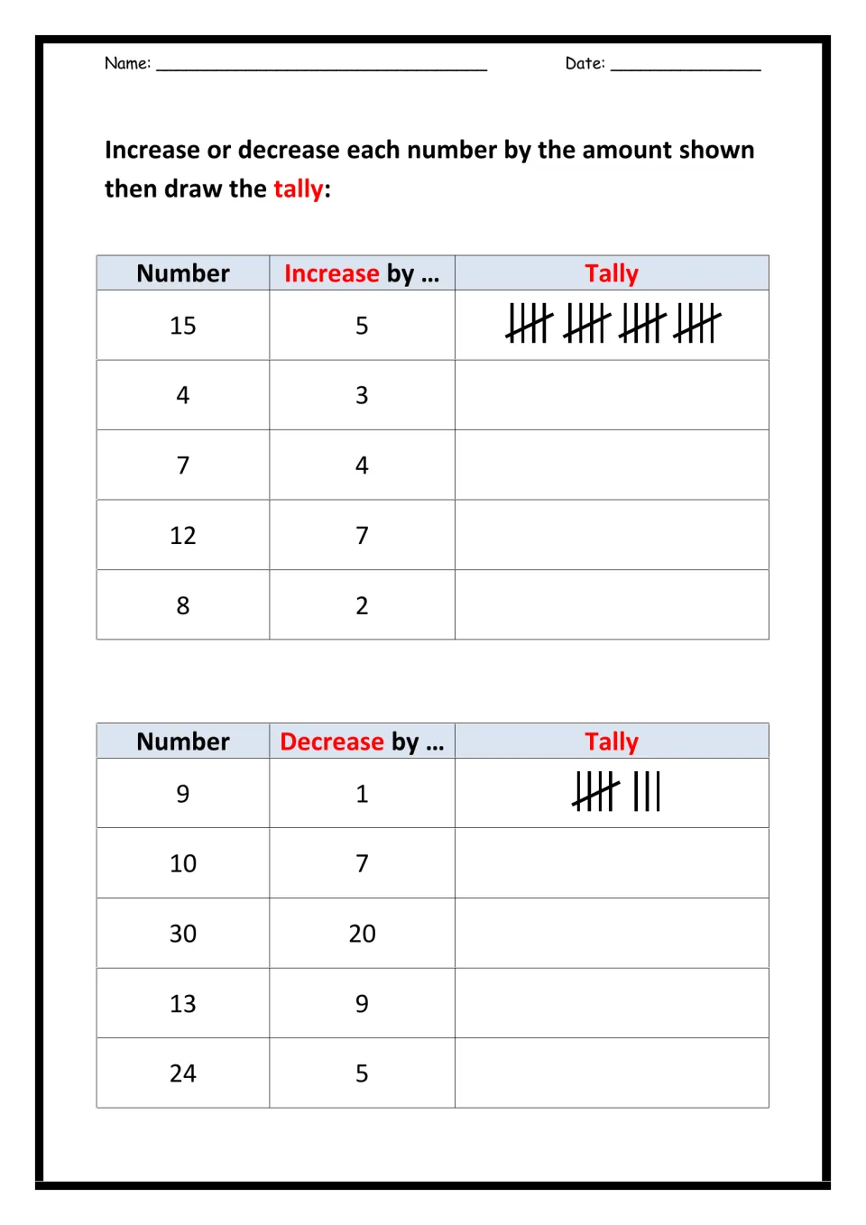 Increasing and decreasing numbers: students add or subtract the amount shown for 10 numbers, then draw it as a tally