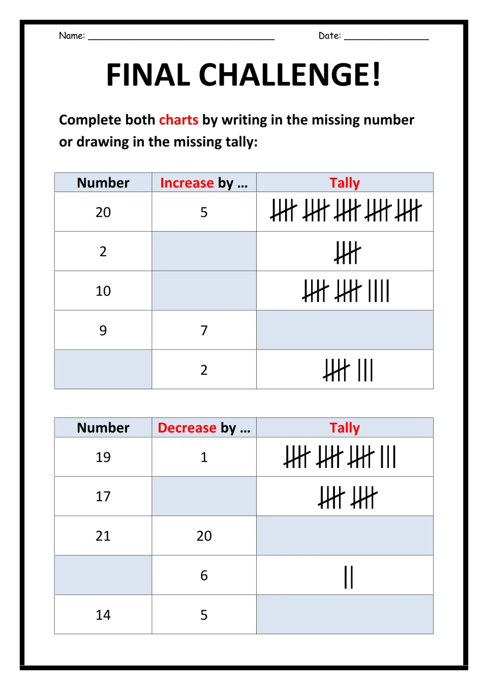 Final Challenge: students fill in the missing number, change amount or tally in increase and decrease charts