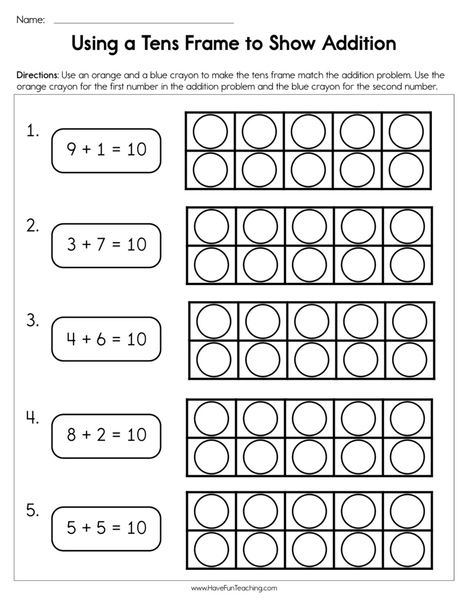 Addition practice: color ten frames orange and blue for 9 + 1, 3 + 7, 4 + 6, 8 + 2, and 5 + 5, all totaling 10.