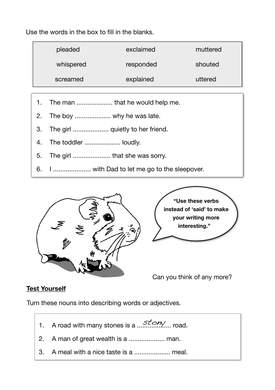 Alternatives to said: students fill 6 blanks with verbs like pleaded or muttered, then turn nouns into adjectives