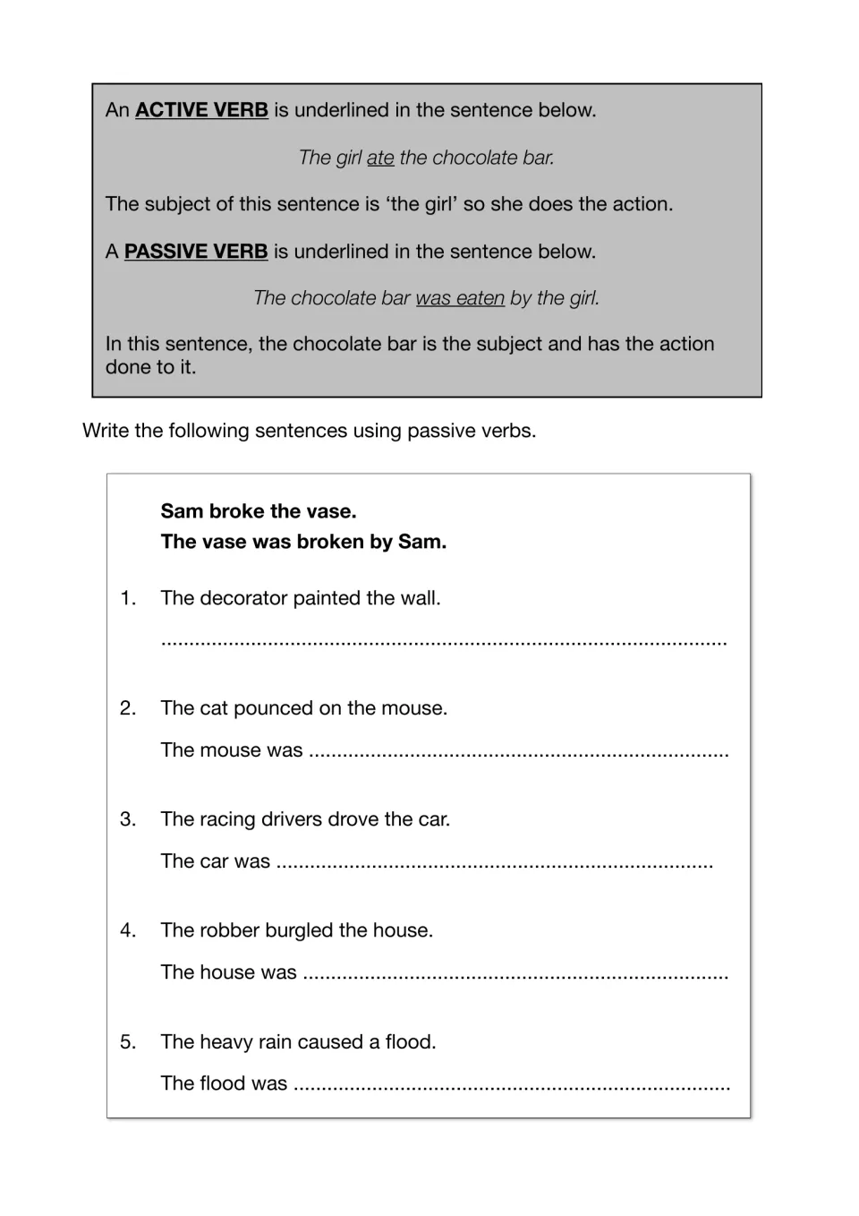 Passive voice: example of active vs passive verbs, then students rewrite 5 sentences such as The cat pounced on the mouse