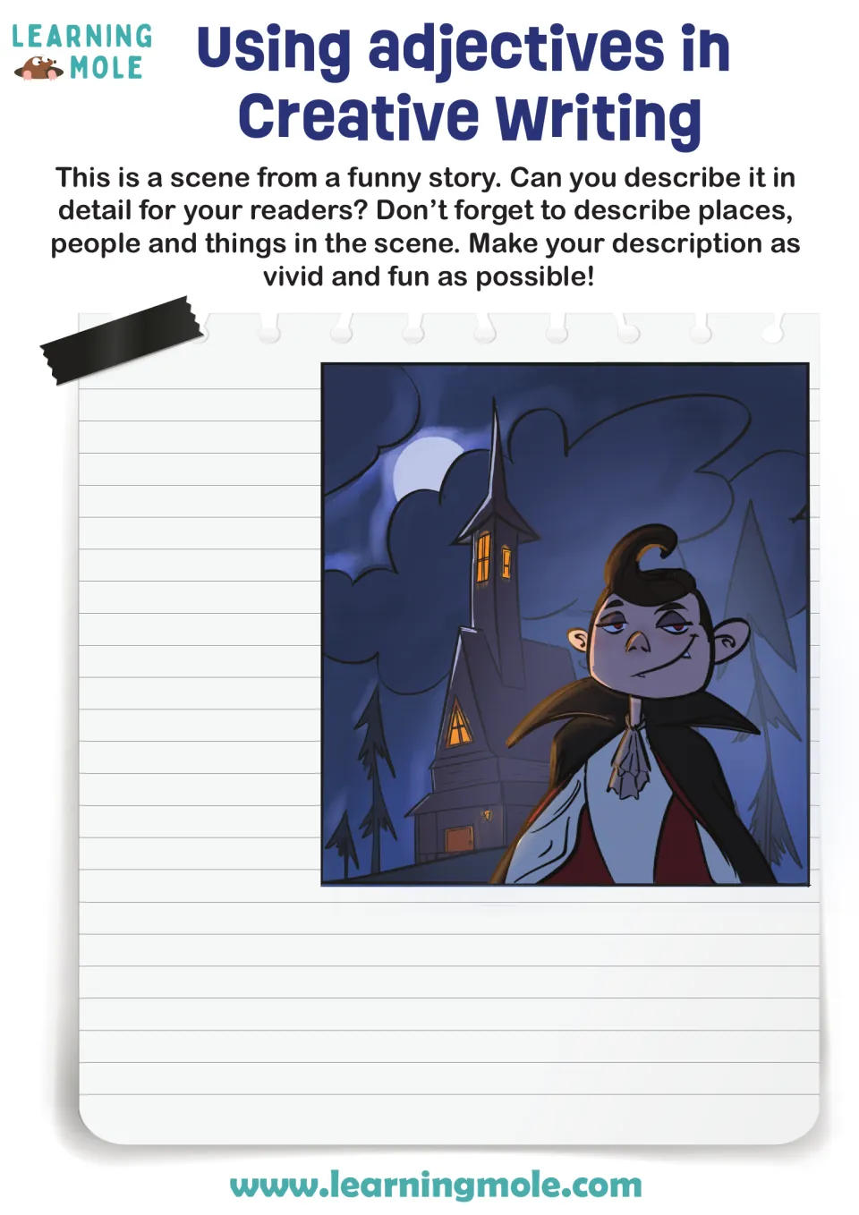 Descriptive writing with adjectives: students describe a funny scene of a vampire by a spooky house under a full moon
