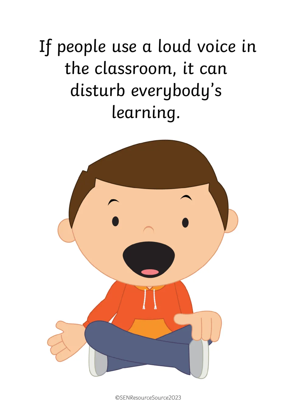 Story page: a loud voice in the classroom can disturb everybody's learning, shown by a seated boy with his mouth wide open