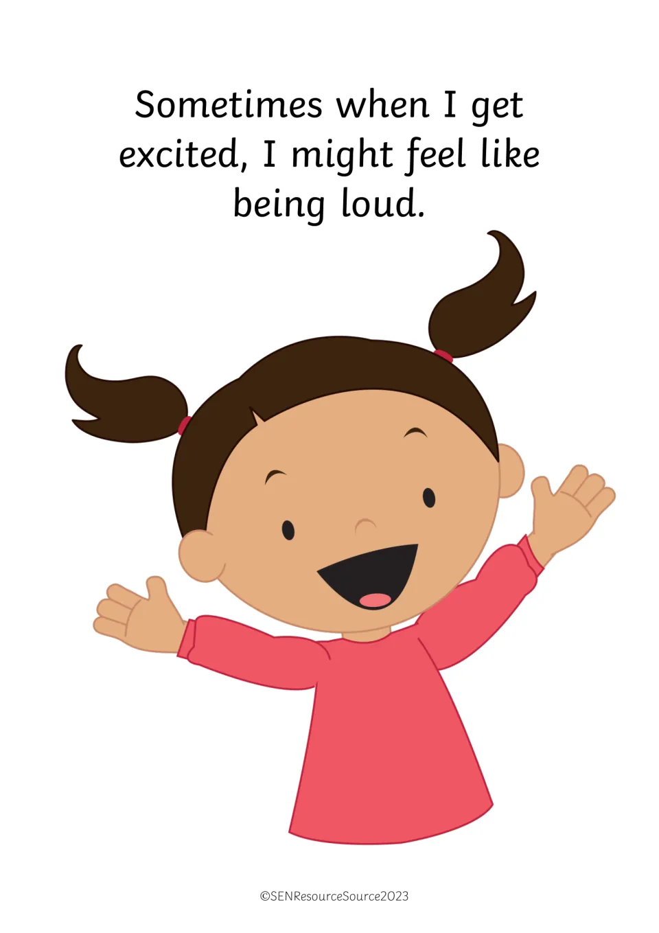 Story page: when excited I might feel like being loud, beside a girl in pigtails cheering with both arms raised