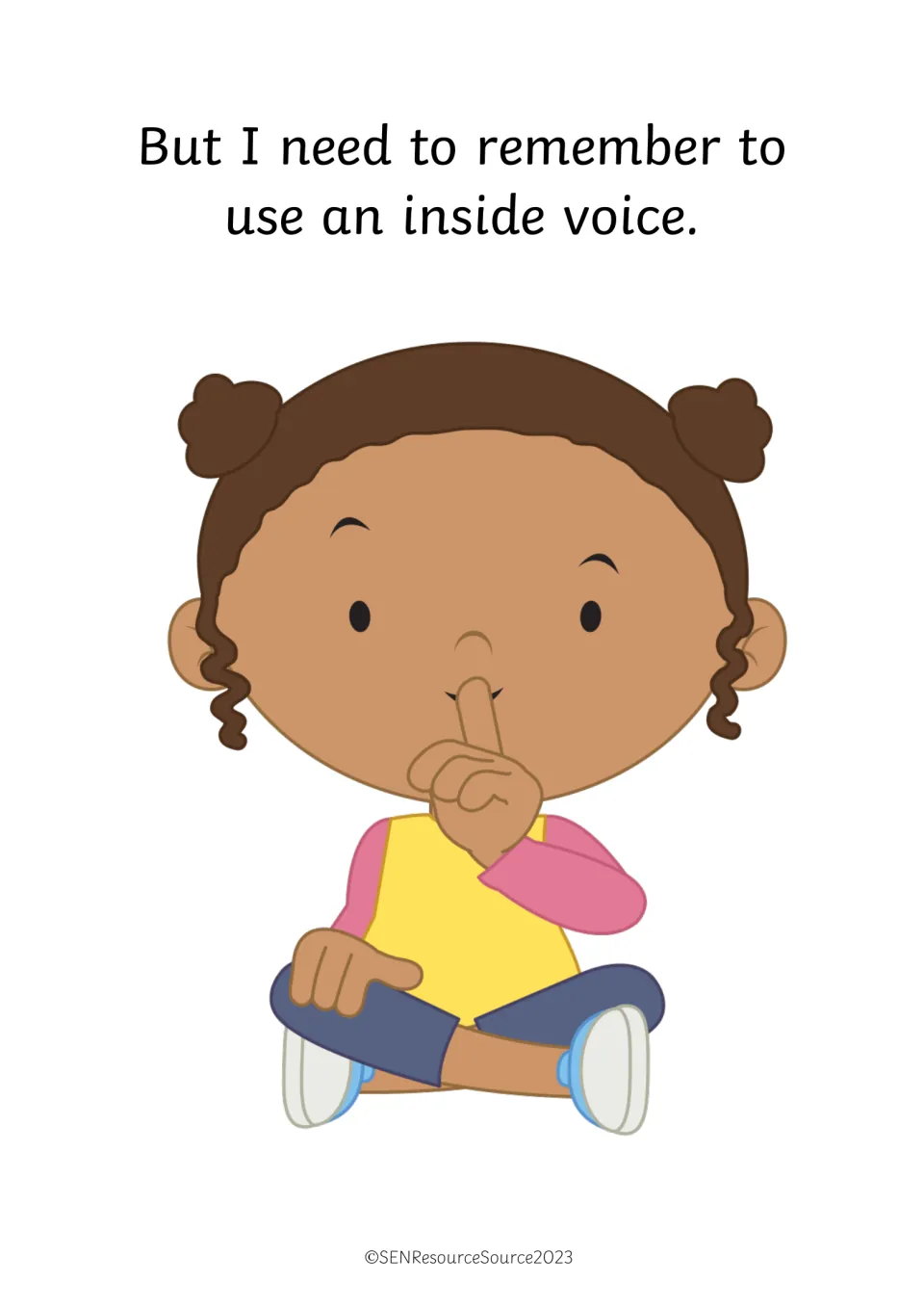 Story page: but I need to remember to use an inside voice, with a girl sitting cross-legged, finger to her lips