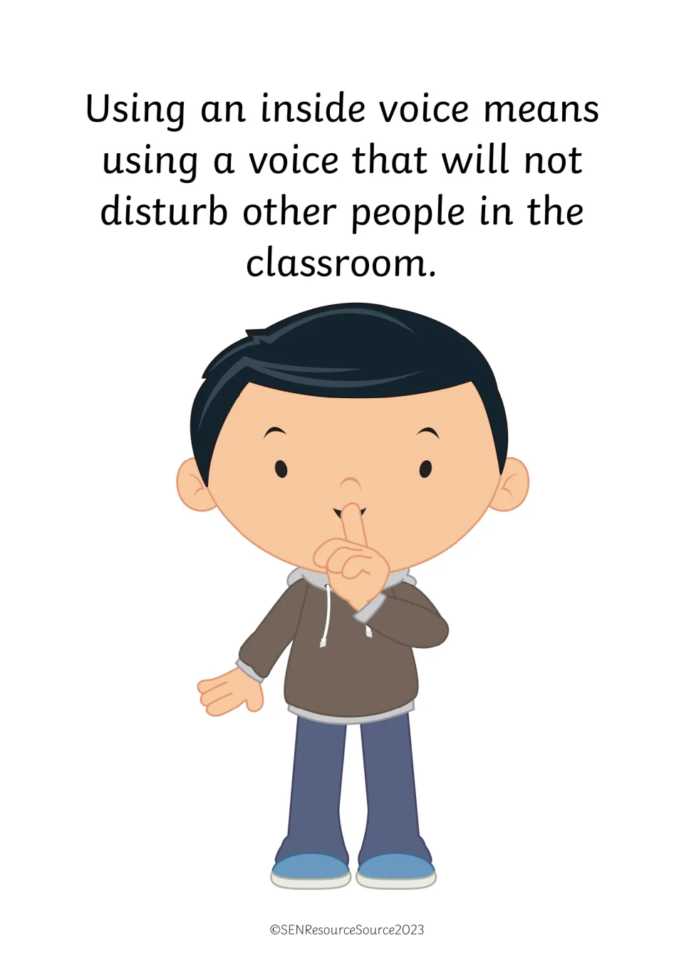 Story page defining an inside voice as one that will not disturb others in the classroom; a boy makes a shush gesture