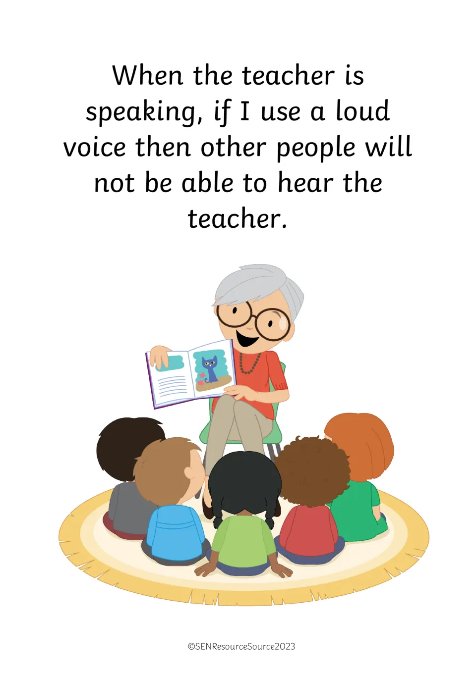 Story page: a loud voice while the teacher speaks stops others hearing; children sit on a rug as a teacher reads aloud