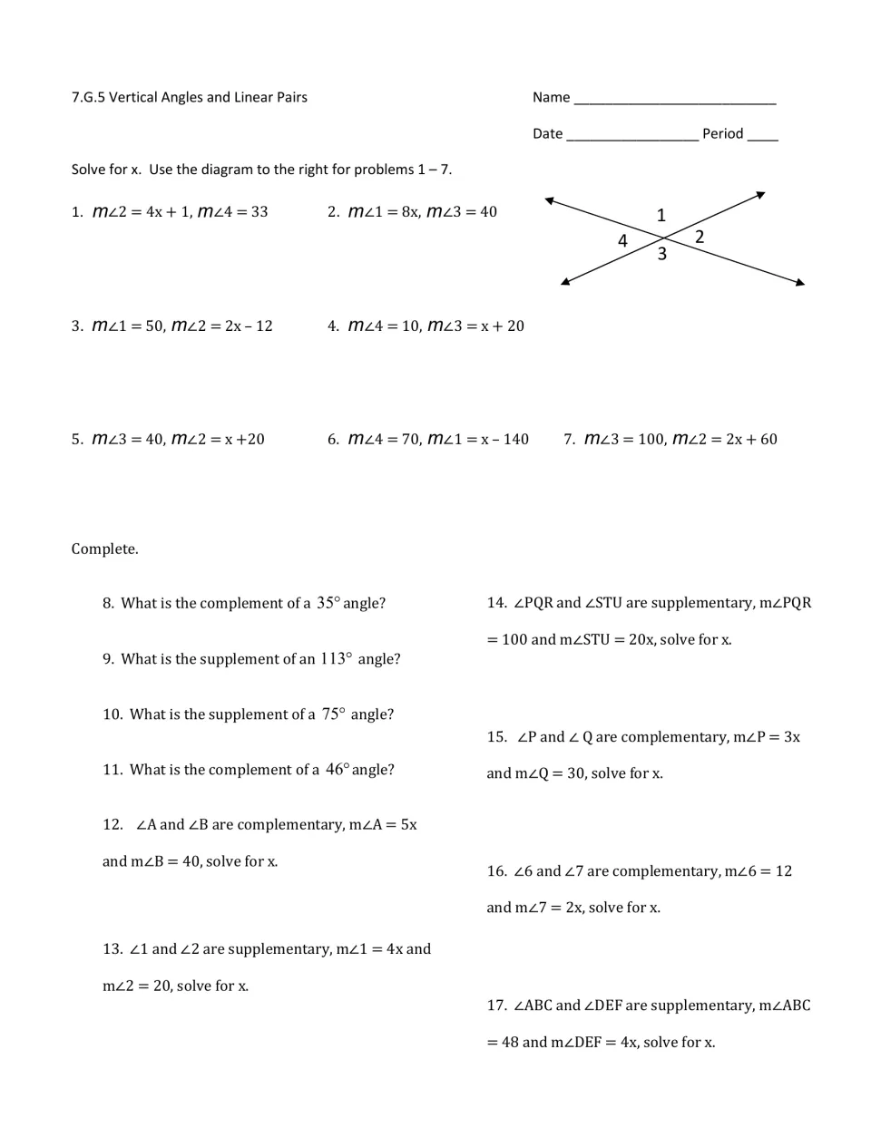 Vertical angles and linear pairs: students solve for x from one diagram, then find complements and supplements