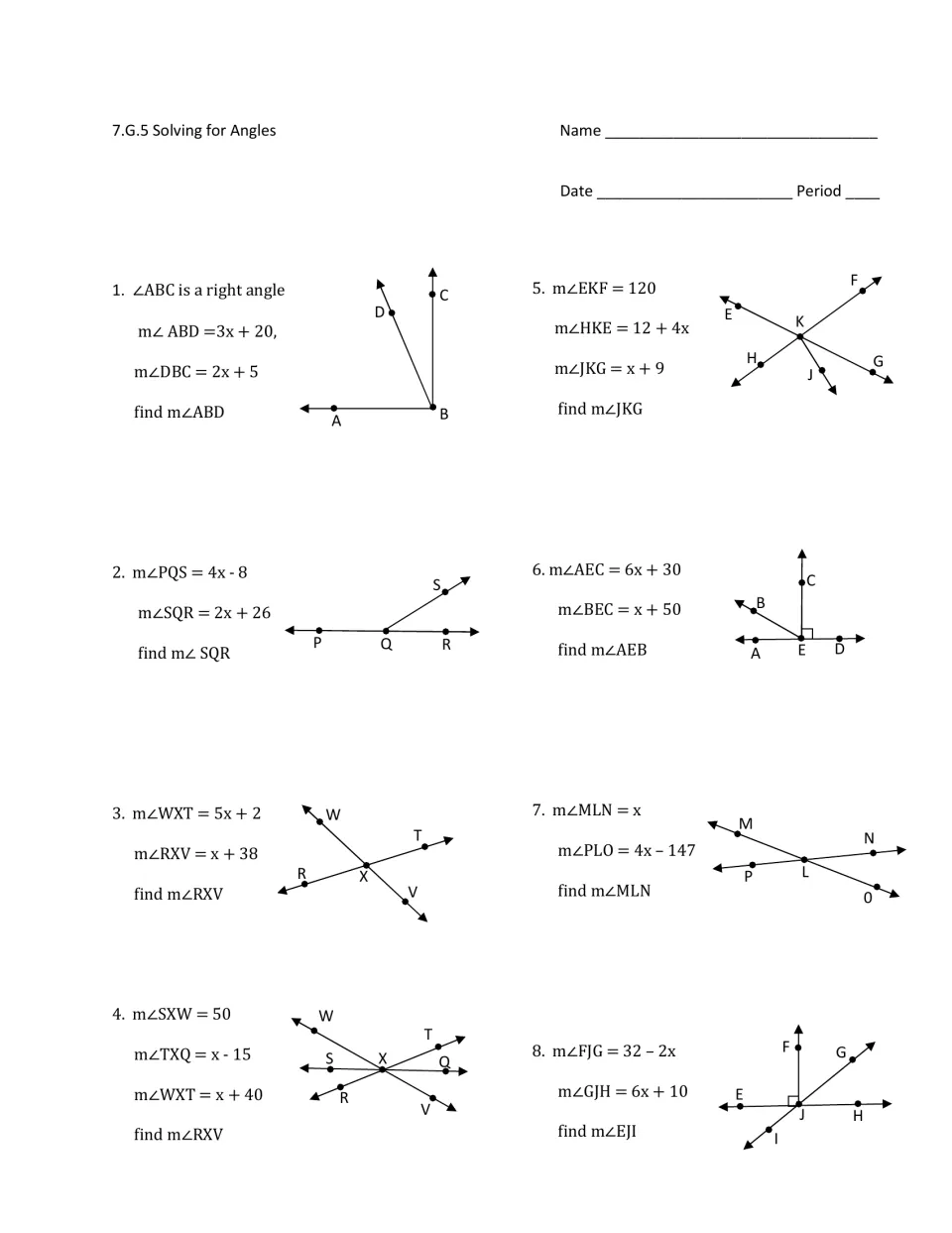 Solving for angles: students write equations from angle pairs in 8 labeled diagrams to find each named angle