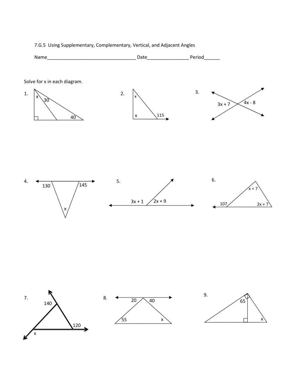 Supplementary, complementary, vertical and adjacent angles: students solve for x in 9 line and triangle diagrams