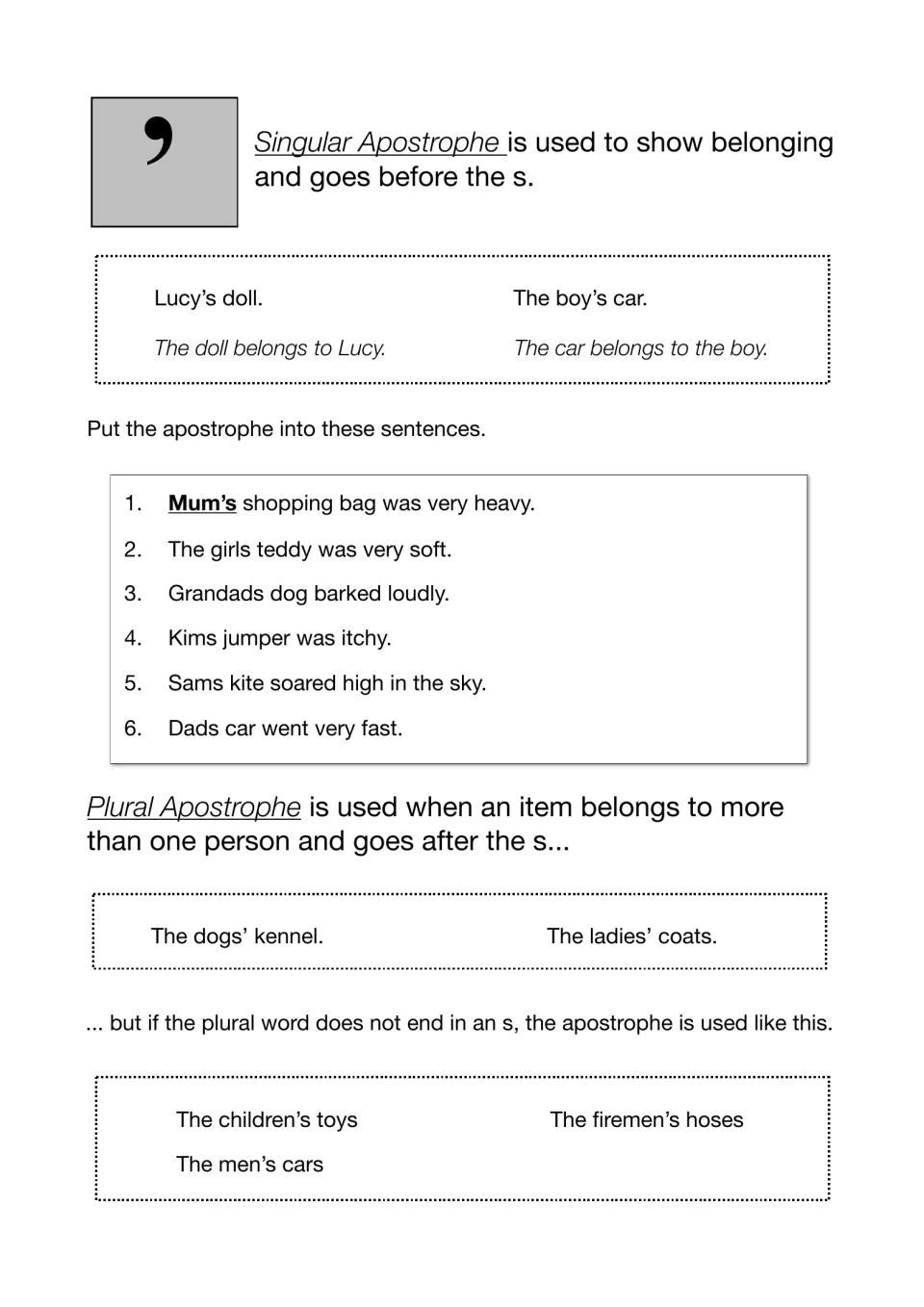 Possessive apostrophes: examples like Lucy's doll and the dogs' kennel, then students add the apostrophe to 6 sentences