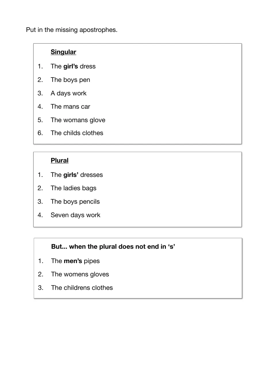 Missing apostrophe drill: students fix phrases like the boys pen and the womens gloves in singular and plural sets