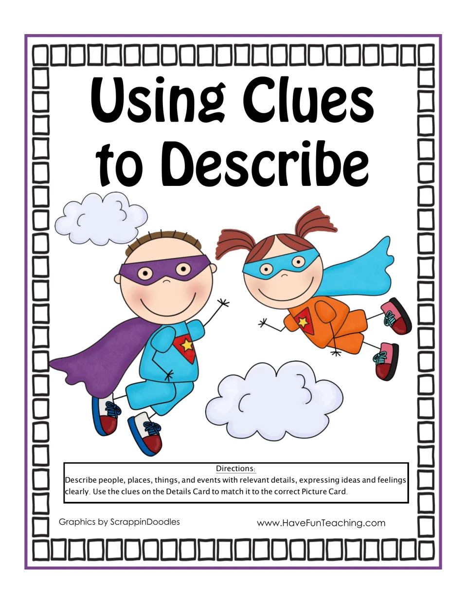 Using Clues to Describe cover: two superhero kids and directions to match each Details Card's clues to its Picture Card