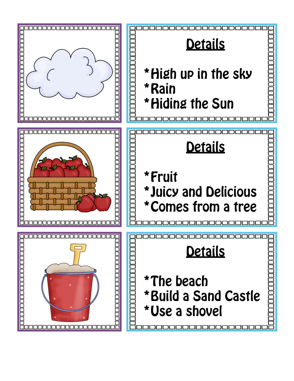 Picture and clue cards: a cloud, apples in a basket and a sand pail, with clues such as Rain and Comes from a tree
