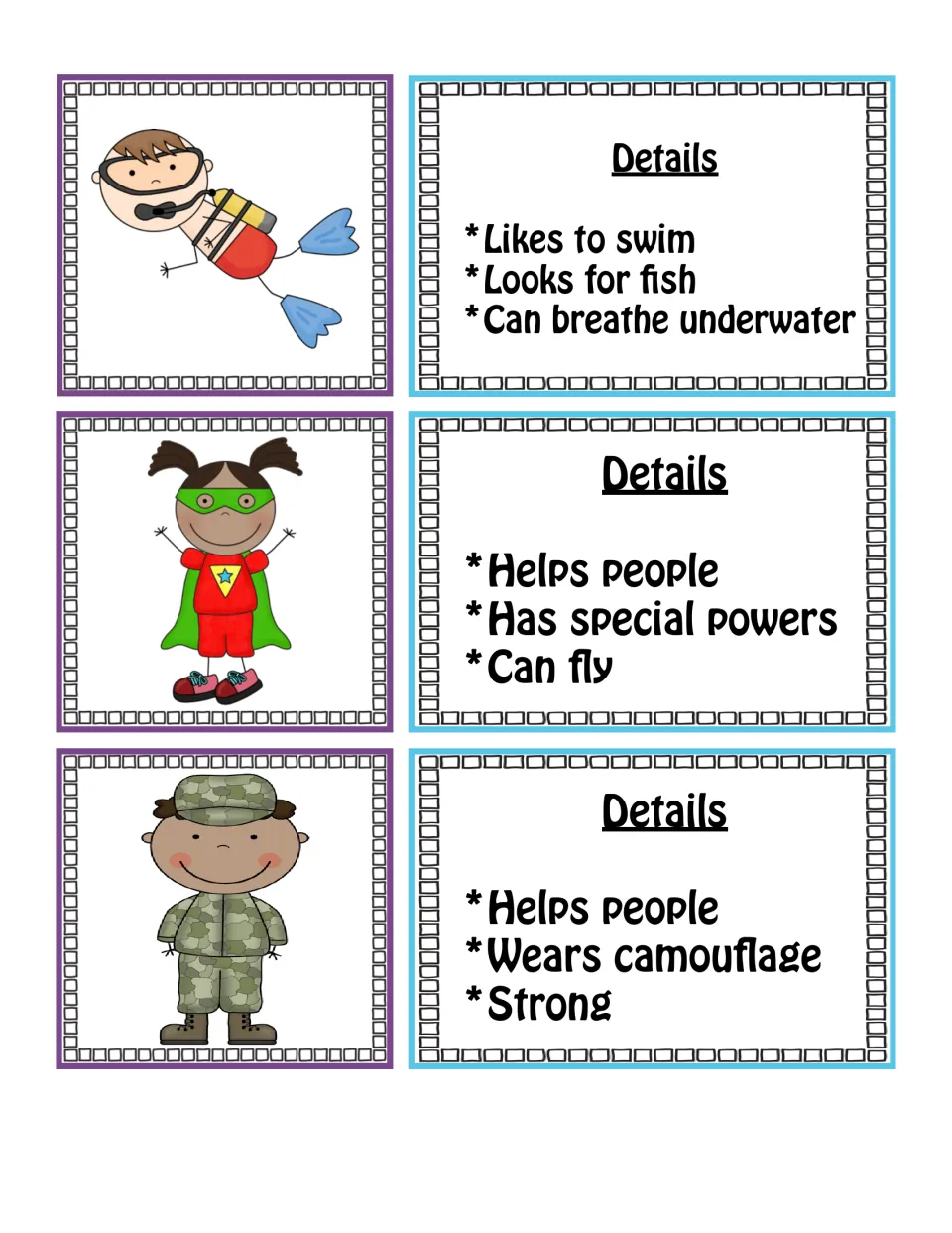 People clue cards: a scuba diver, a superhero girl and a soldier, matched to clues like Can breathe underwater and Can fly