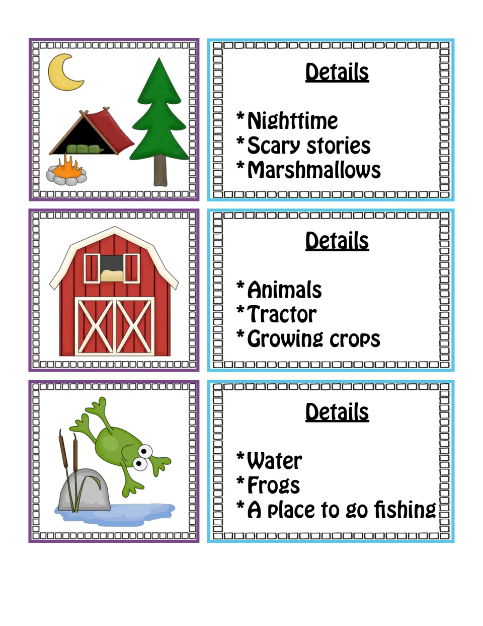 Place clue cards: a campsite, a red barn and a frog pond, paired with clues like Tractor and A place to go fishing