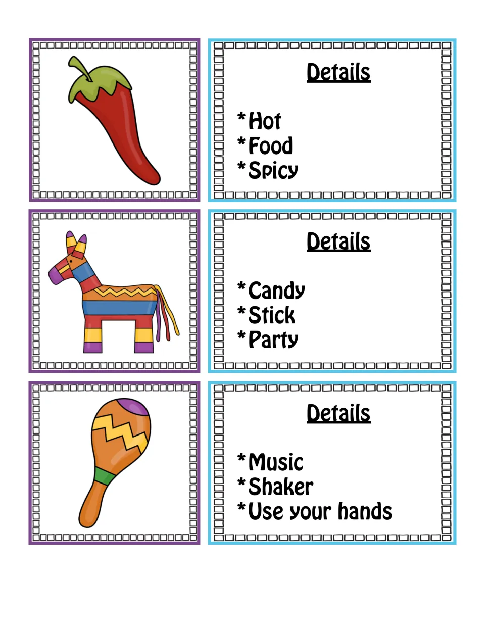 Describing clue cards: a chili pepper, a pinata and a maraca, with clues such as Spicy, Candy, Party and Shaker