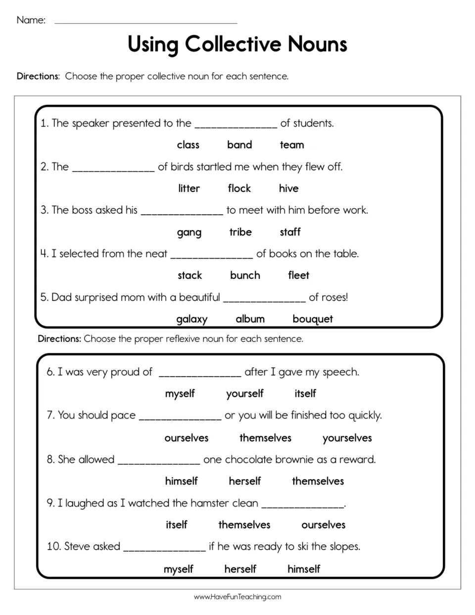Collective nouns and reflexive pronouns: students choose from three word options to complete 10 fill-in sentences