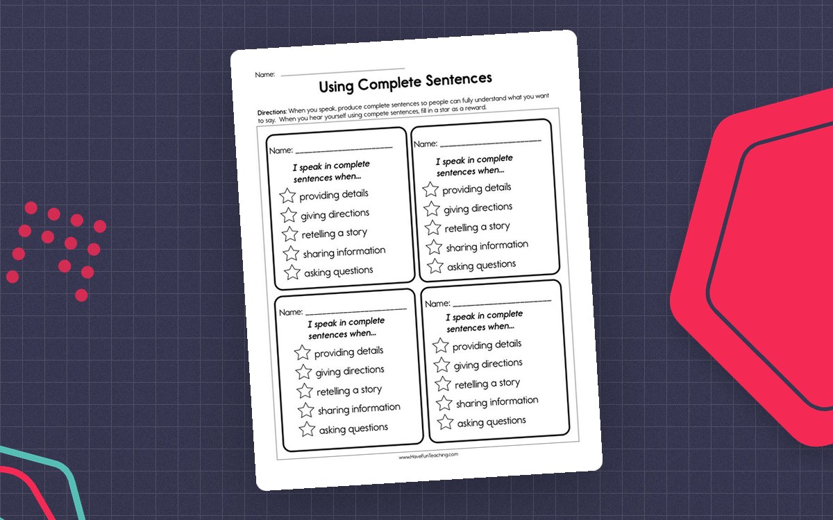Using Complete Sentences Worksheet preview: Four identical complete-sentence monitoring cards