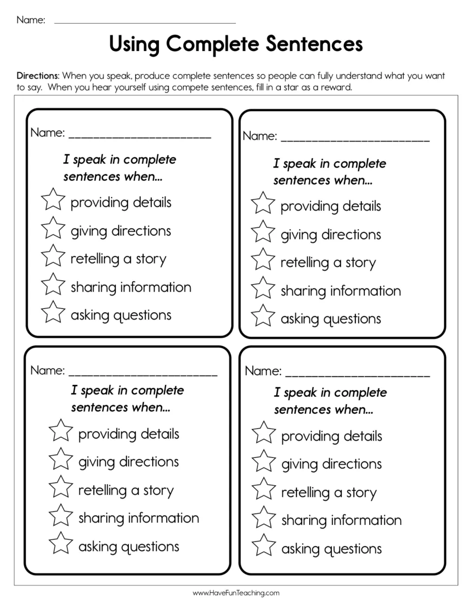 Speaking in complete sentences self-check: students fill in stars for details, directions, retelling, sharing and asking