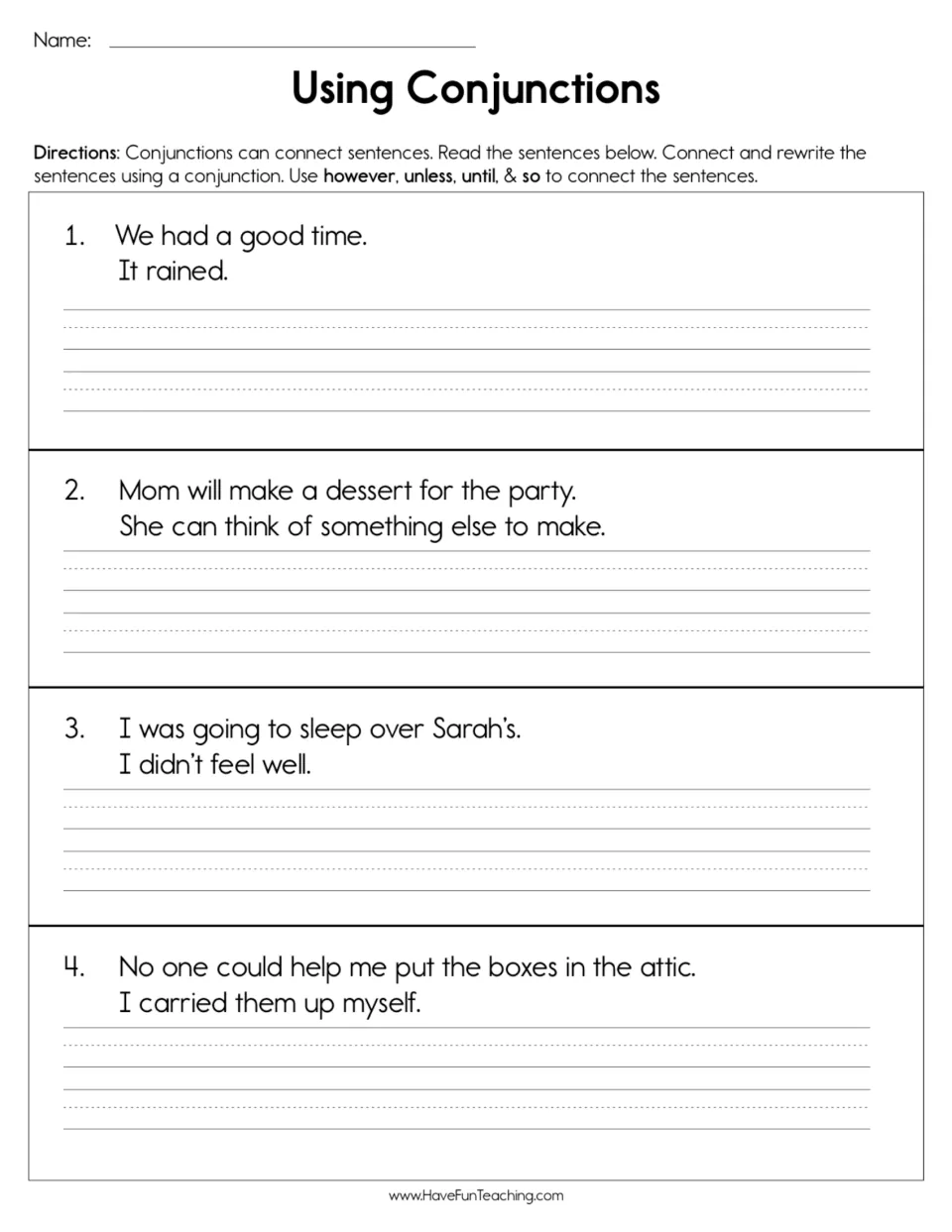 Combining sentences with conjunctions: students rewrite four sentence pairs as one using however, unless, until or so