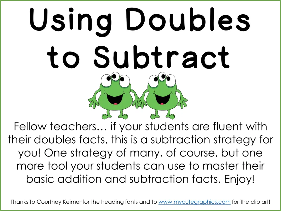 Using Doubles to Subtract cover: two green monster twins and a teacher note on doubles facts as a subtraction strategy