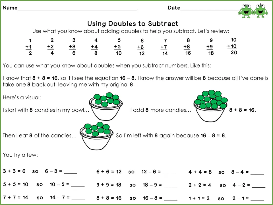 Doubles subtraction mini-lesson: review of 1+1 to 10+10, a candy bowl model of 16 - 8 = 8, then 9 related facts to solve