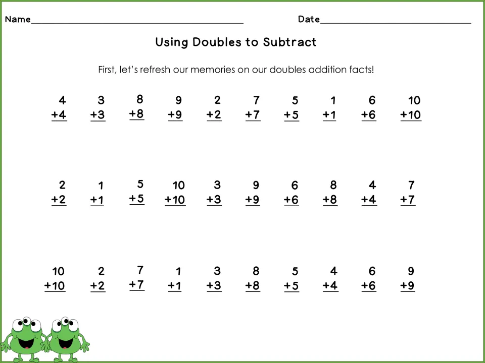 Doubles addition review: students solve 30 vertical doubles facts from 1 + 1 to 10 + 10 before subtracting