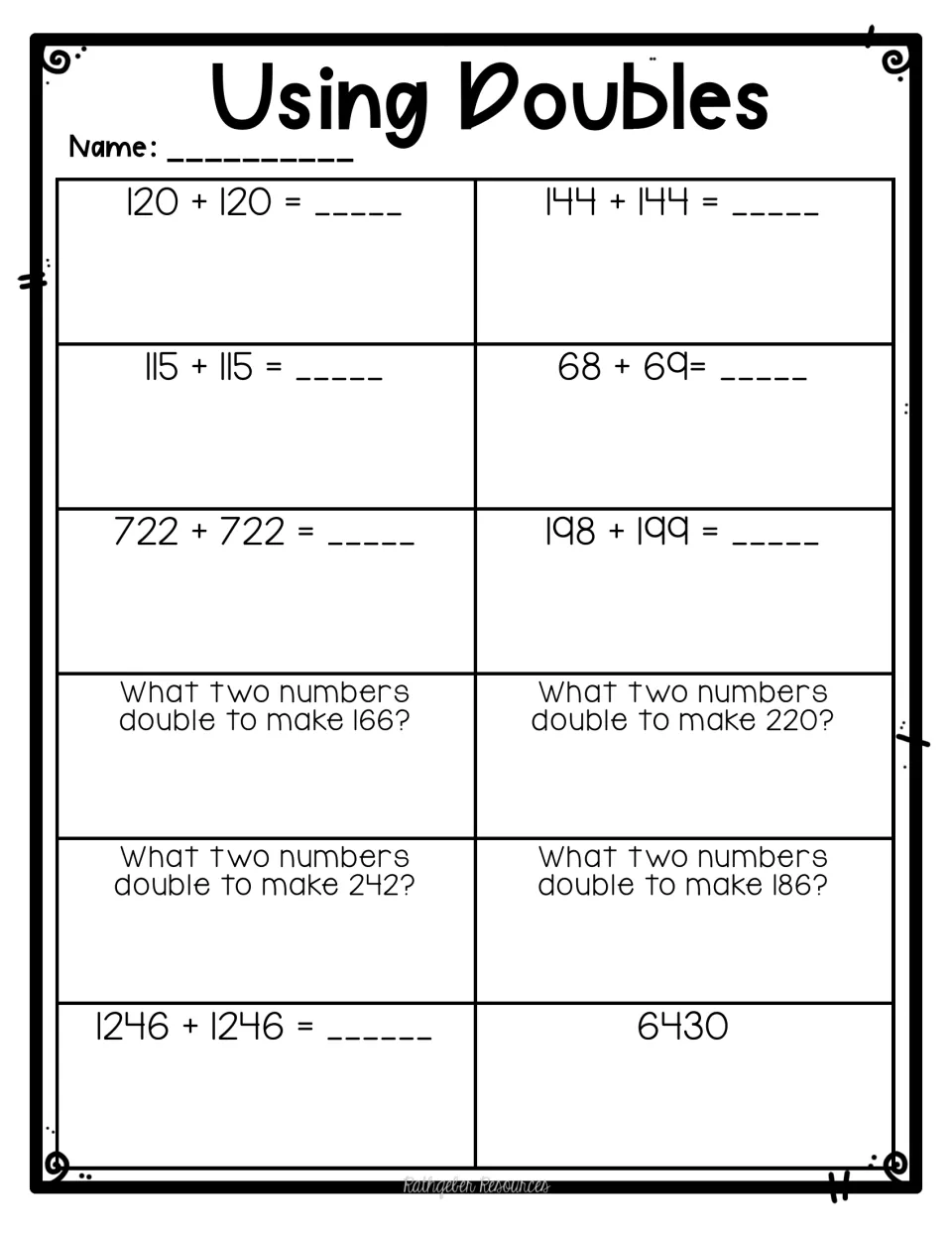 Doubles and near doubles: students solve sums like 144 + 144 and 198 + 199 and find what doubles to make 166, 220 and 242