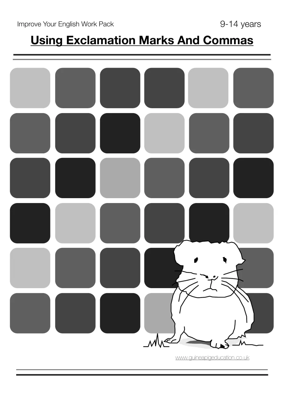 Cover of Using Exclamation Marks And Commas, an Improve Your English Work Pack for 9-14 years, with a guinea pig drawing