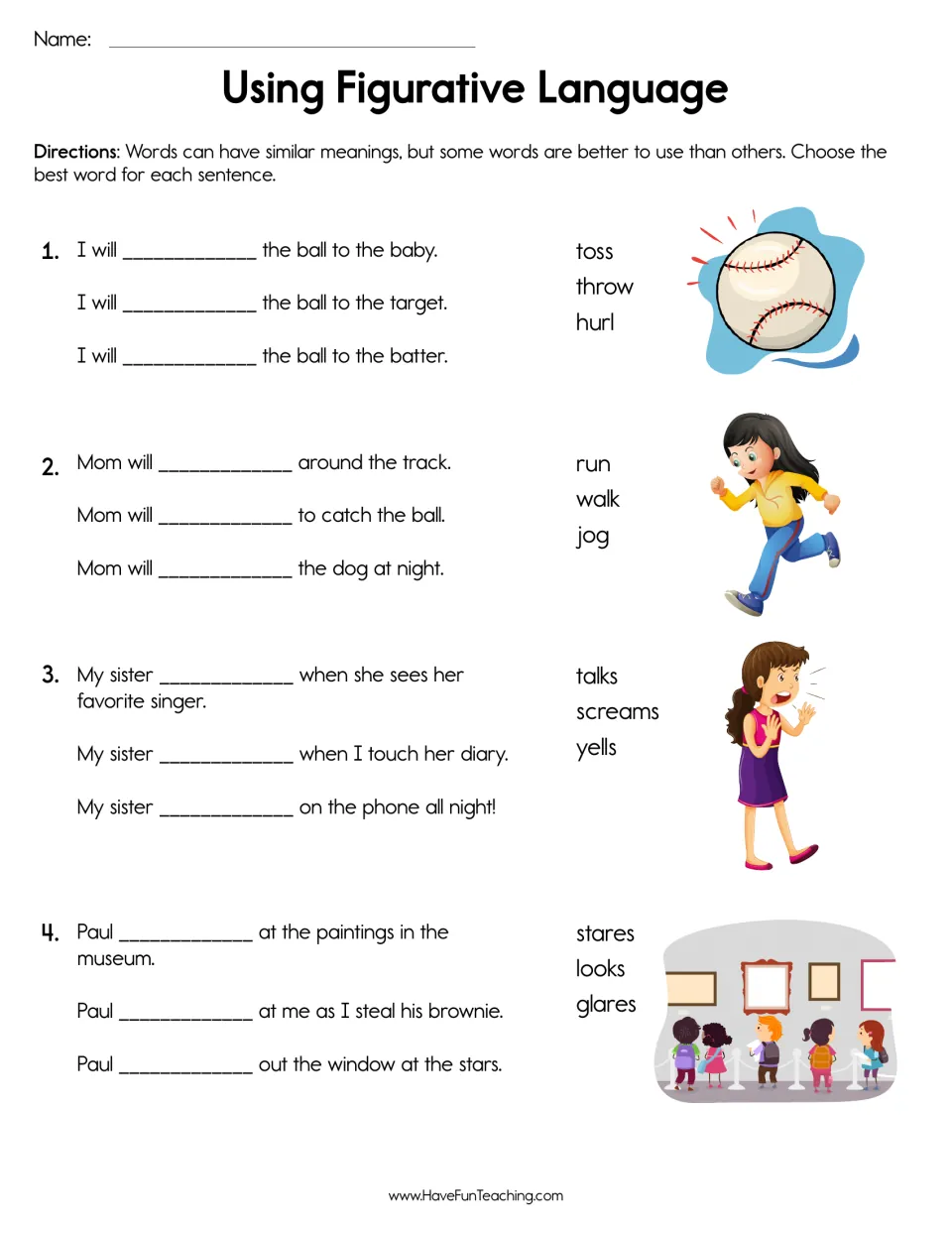 Word choice with similar verbs: students fill 12 sentence blanks using toss, throw, hurl, run, walk, jog and more verb sets