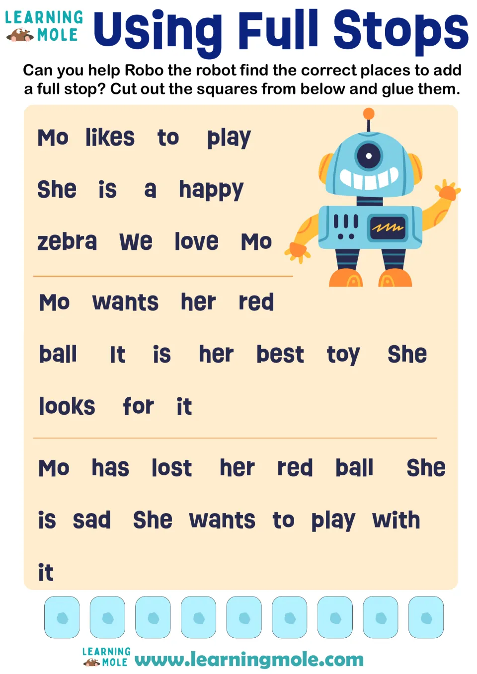 Full stop punctuation: students cut out 9 full-stop squares and glue them where sentences end in 3 short texts about Mo