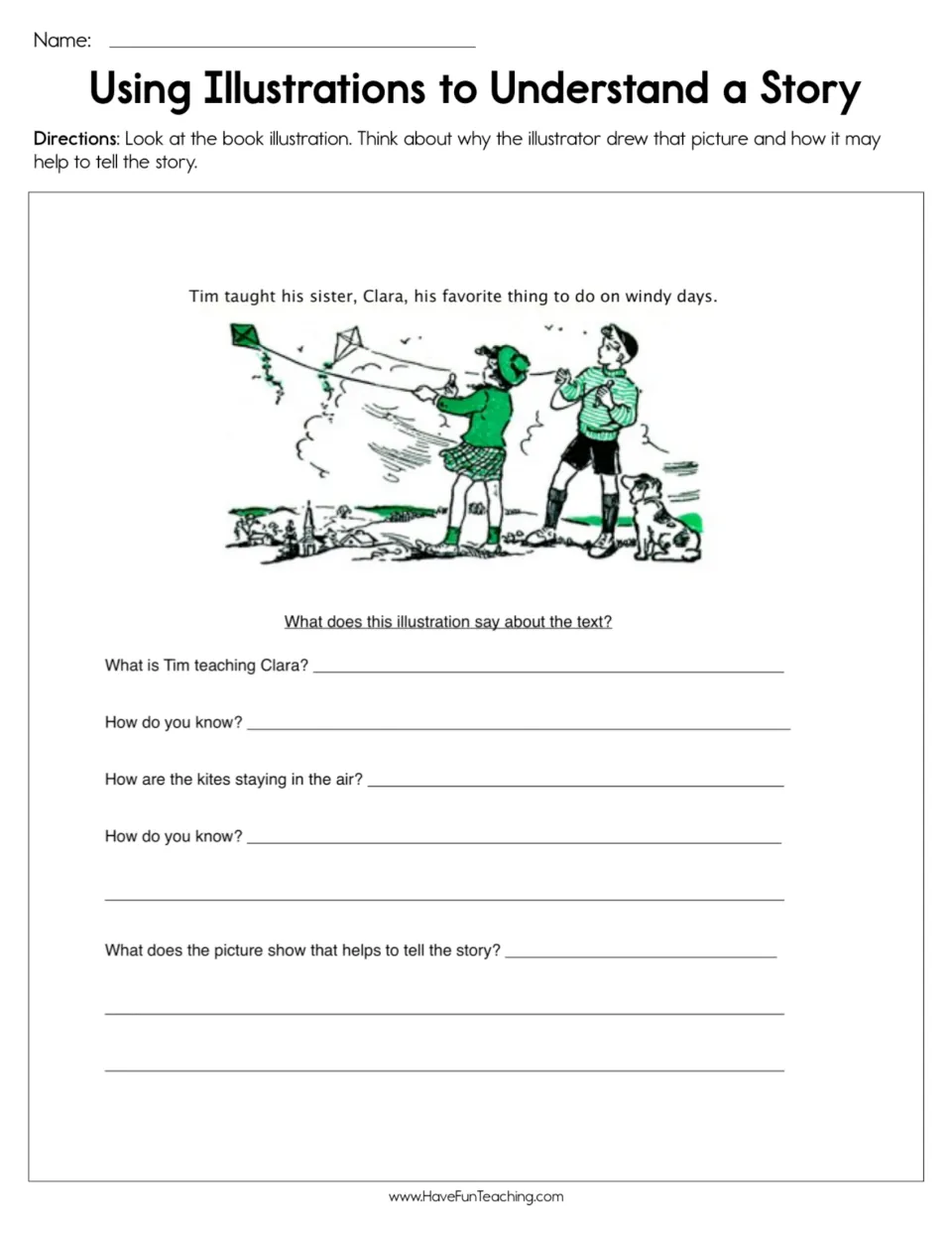 Story illustration worksheet: Tim and Clara fly kites, followed by five questions about picture clues.
