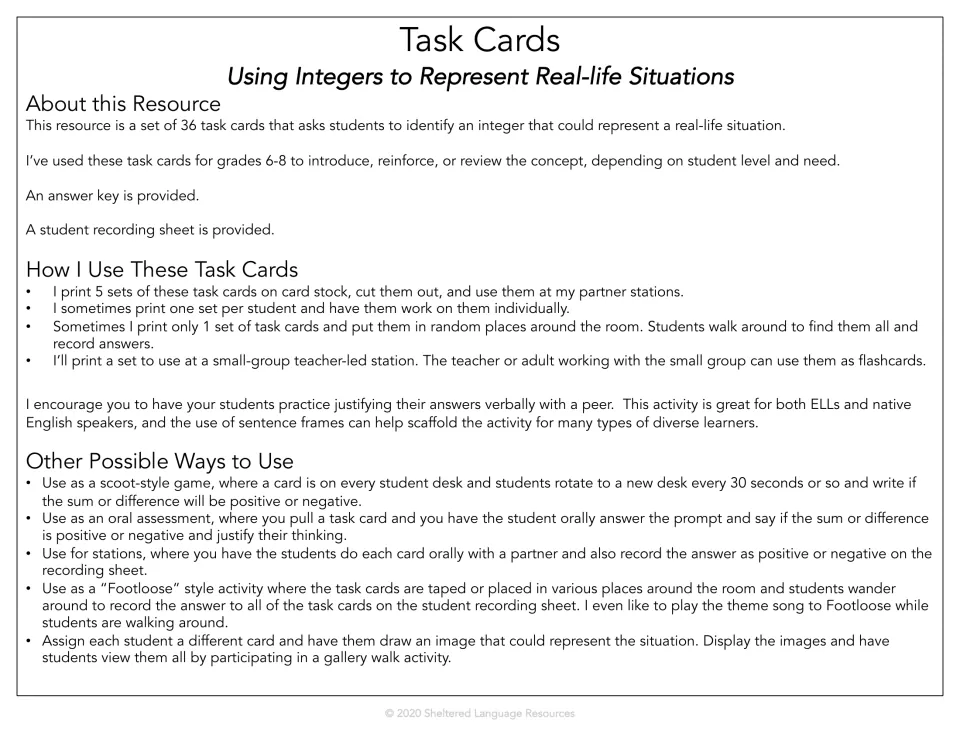 Teacher notes for 36 integer task cards: how to use them at stations, as a scoot game, oral check or gallery walk