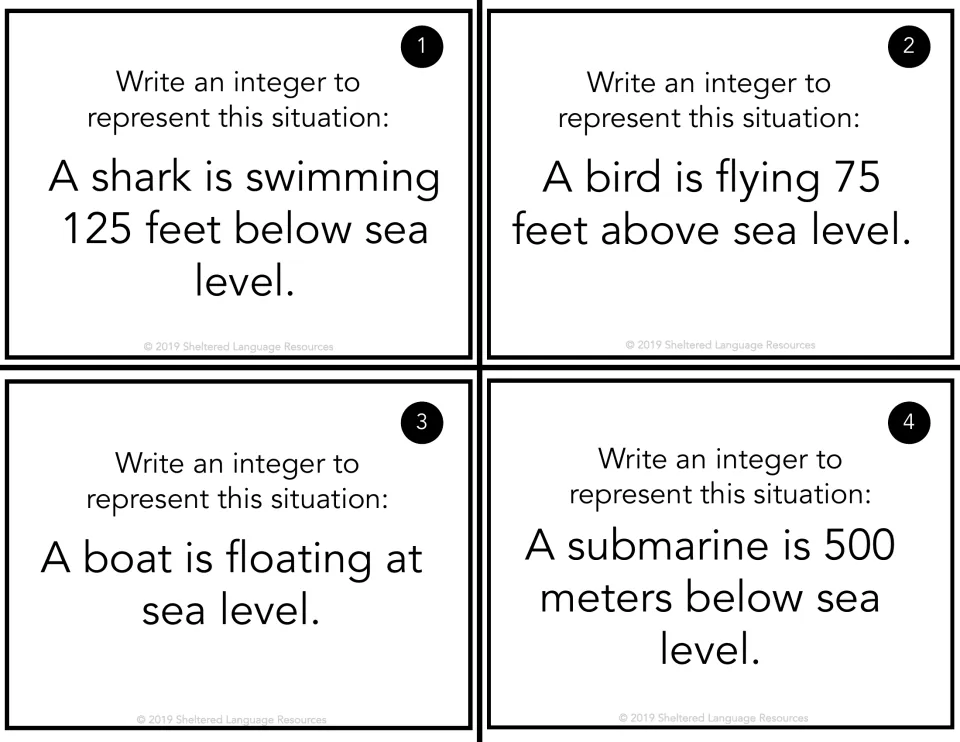 Cards 1-4, sea level: students write an integer for a shark 125 feet below, a bird 75 feet above, a boat and a submarine
