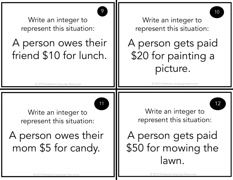 Cards 9-12, owing and earning: students write integers for owing $10 and $5 and getting paid $20 and $50 for jobs