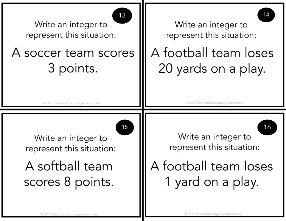 Cards 13-16, sports: students write integers for soccer and softball teams scoring points and football teams losing yards
