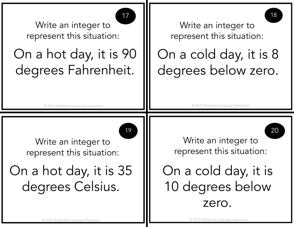 Cards 17-20, temperature: students write integers for hot days of 90°F and 35°C and cold days 8 and 10 degrees below zero