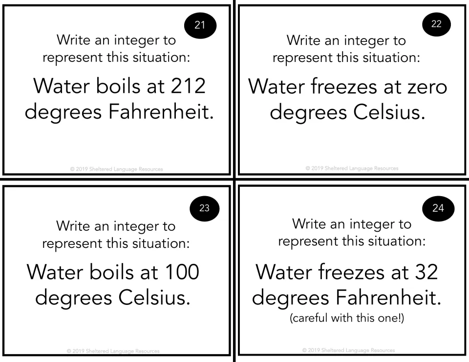 Cards 21-24, boiling and freezing points: students give integers for water at 212°F, 0°C, 100°C and 32°F