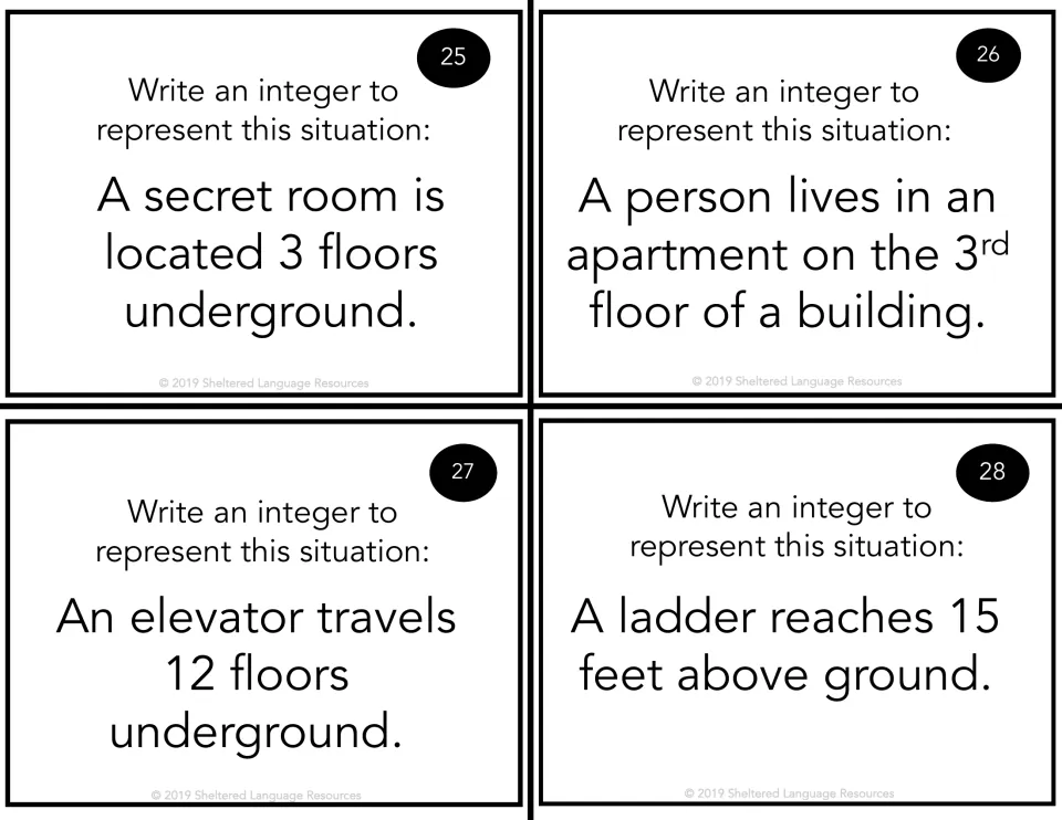 Cards 25-28, floors: students write integers for a room and an elevator underground, a 3rd-floor apartment and a ladder