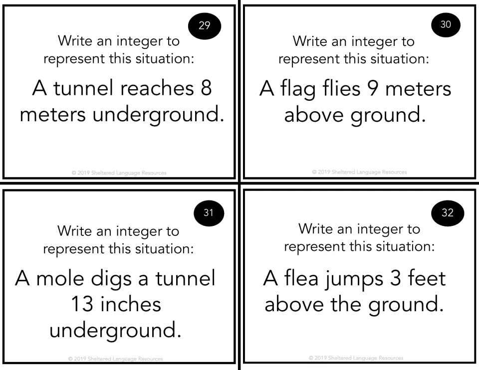 Cards 29-32, above and below ground: students write integers for a tunnel, a flag, a mole's dig and a flea's jump